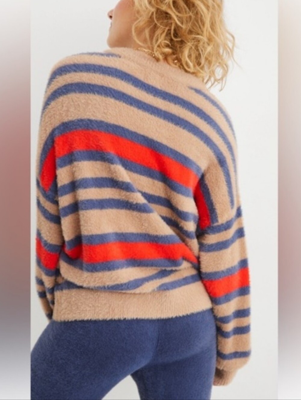 Aerie Flurry Crew Cozy Striped Fuzzy Sweater Tan, Navy & Red Size XS Oversized - Picture 2 of 16